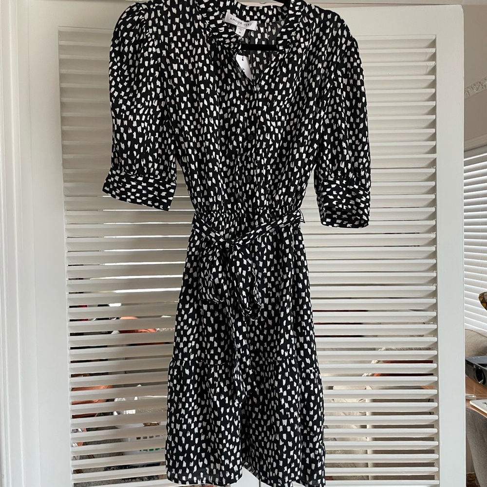 Amour Vert Black and White Puff Sleeve Wrap Midi Dress